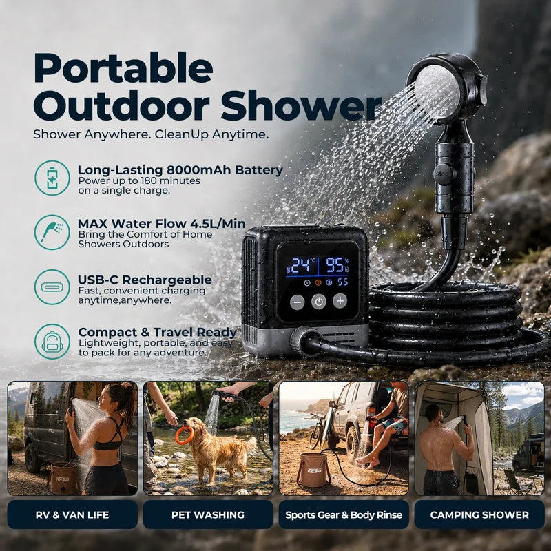 RoosCamp Shower Pro Tragbare Außendusche – Leistungsstarke Akku-Campingdusche