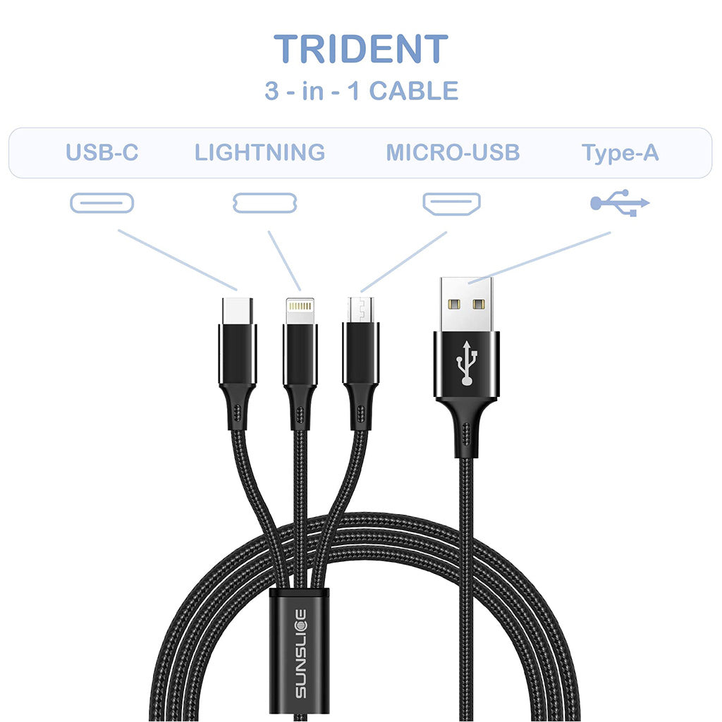 SunSlice Trident Cable – 3-in-1 Ladekabel mit USB-C, Lightning & Micro-USB (1 m)