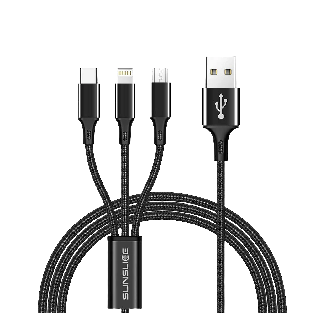 SunSlice Trident Cable – 3-in-1 Ladekabel mit USB-C, Lightning & Micro-USB (1 m)