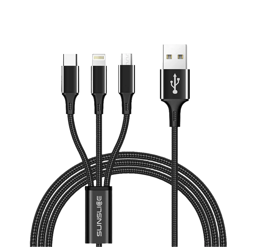 SunSlice Trident Cable – 3-in-1 Ladekabel mit USB-C, Lightning & Micro-USB (1 m)
