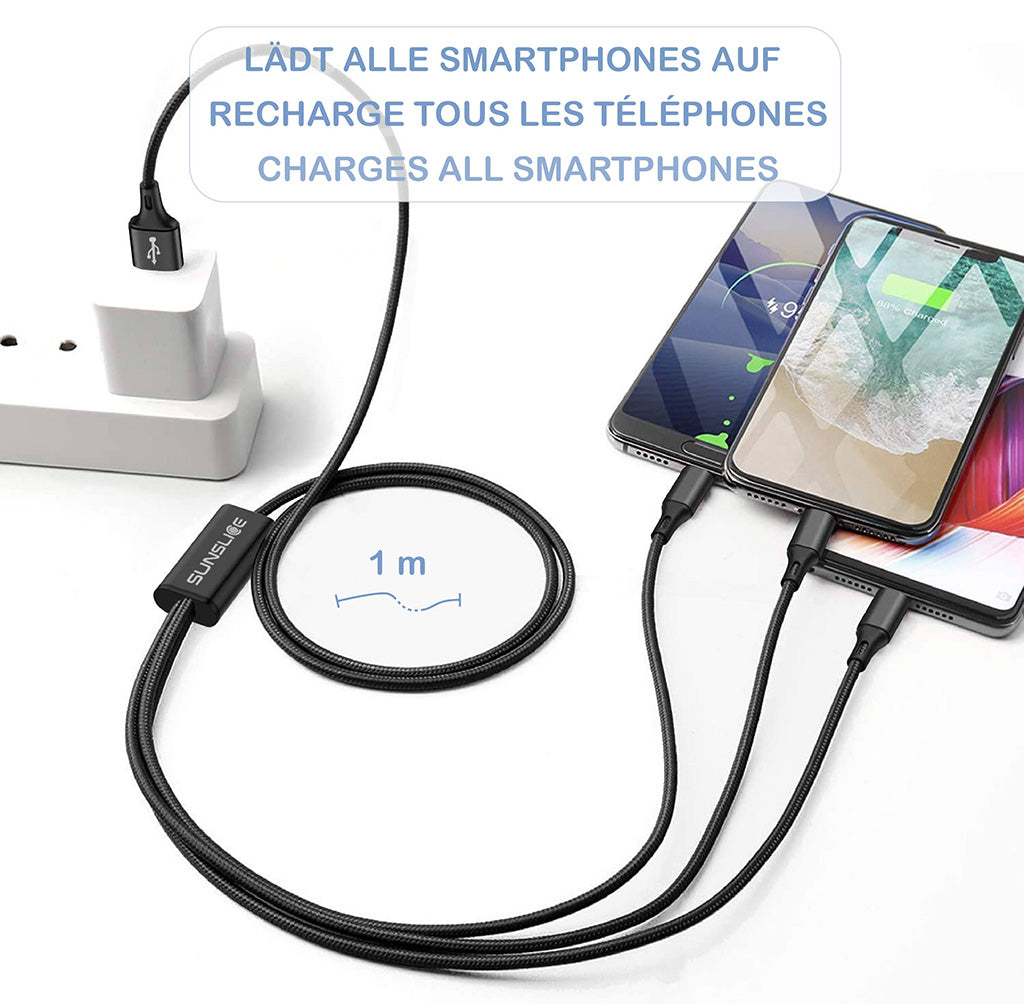 SunSlice Trident Cable – 3-in-1 Ladekabel mit USB-C, Lightning & Micro-USB (1 m)