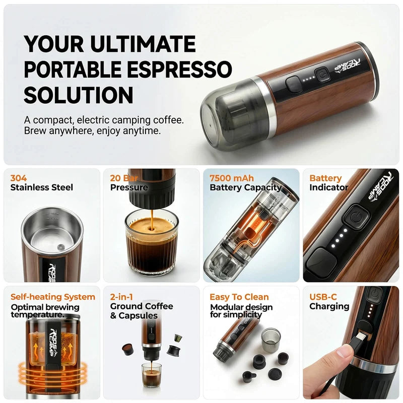 RoosCamp Pocket Espresso Maker – Tragbare elektrische Kaffeemaschine mit Akku-Heizung